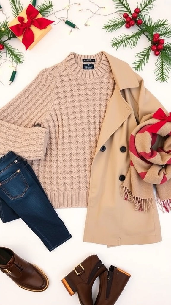 Christmas Wishlist for Stylish Clothing Flat lay of trendy winter clothing items including a knit sweater, trench coat, and scarf with holiday decorations.